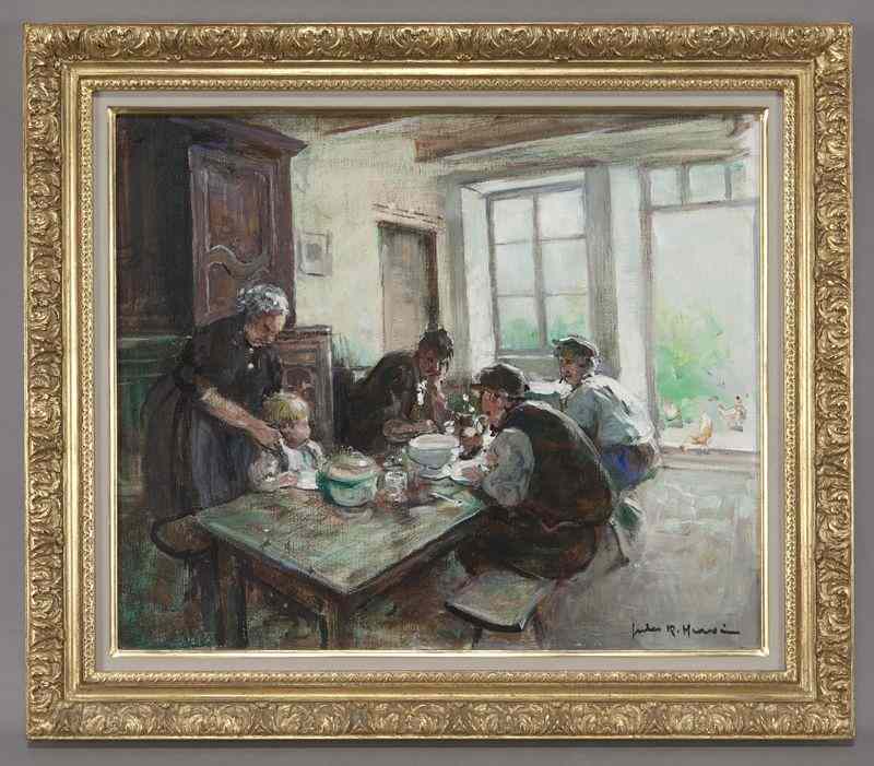 Appraisal: Jules R Herve ''Une Famille a Table'' oilpainting on canvas