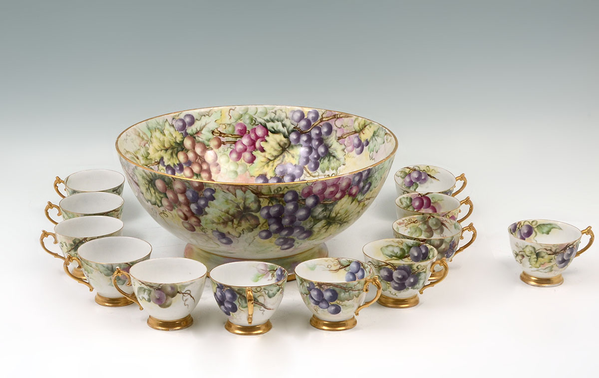 Appraisal: GRAPE VINE PAINTED LIMOGES PUNCH BOWL AND CUPS pieces total