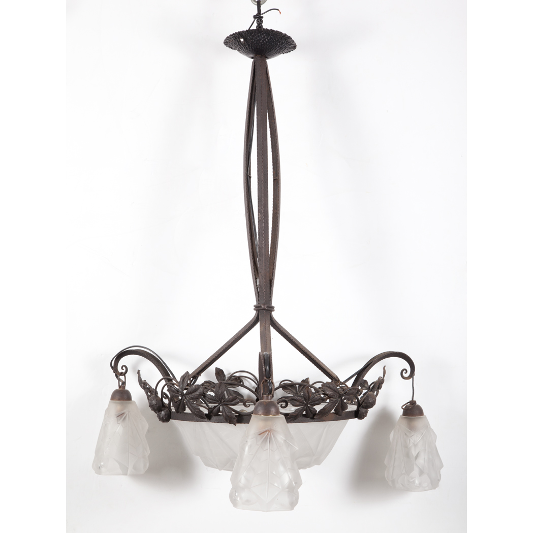 Appraisal: Degue Art Deco Molded Glass and Iron Four-Light Chandelier Circa