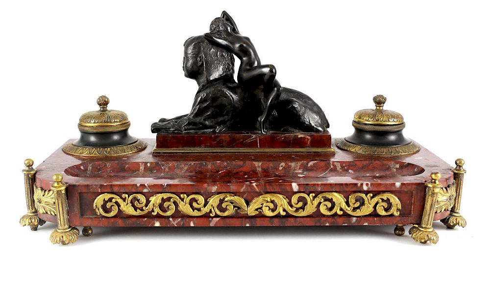 Appraisal: French Marble Bronze Dual Inkwell A continetnal egyptian revival gilt