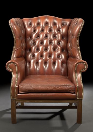 Appraisal: George III-Style Mahogany and Leather-Upholstered Wing Chair of large proportions