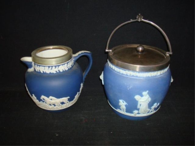 Appraisal: pieces of blue WEDGWOOD jug container with silverplate lid and