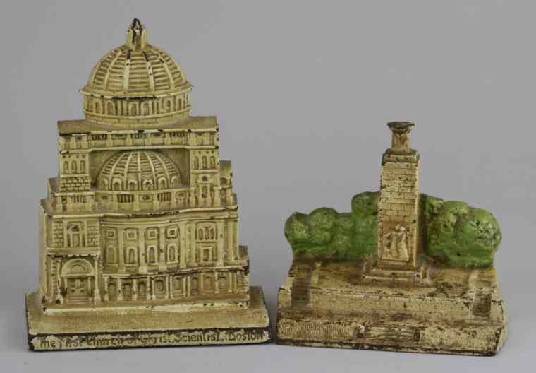 Appraisal: HISTORICAL MONUMENT CHURCH DOORSTOPS Monument embossed ''Eternal Light Peach Memorial''