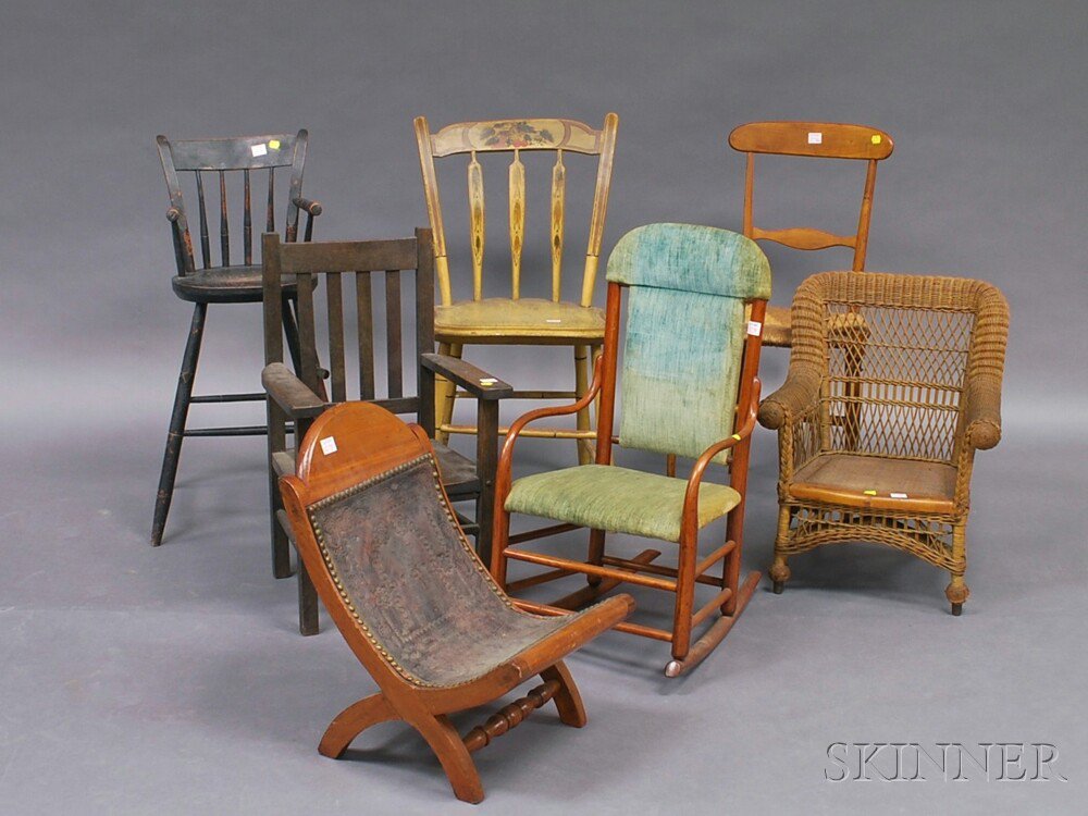 Appraisal: Group of Assorted Mostly Child's Chairs a wicker armchair an