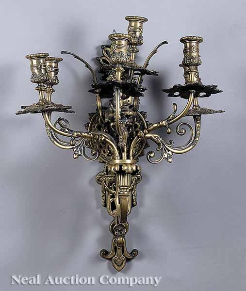 Appraisal: A Gilt Brass Figural Six-Light Sconce mid- th c pierced