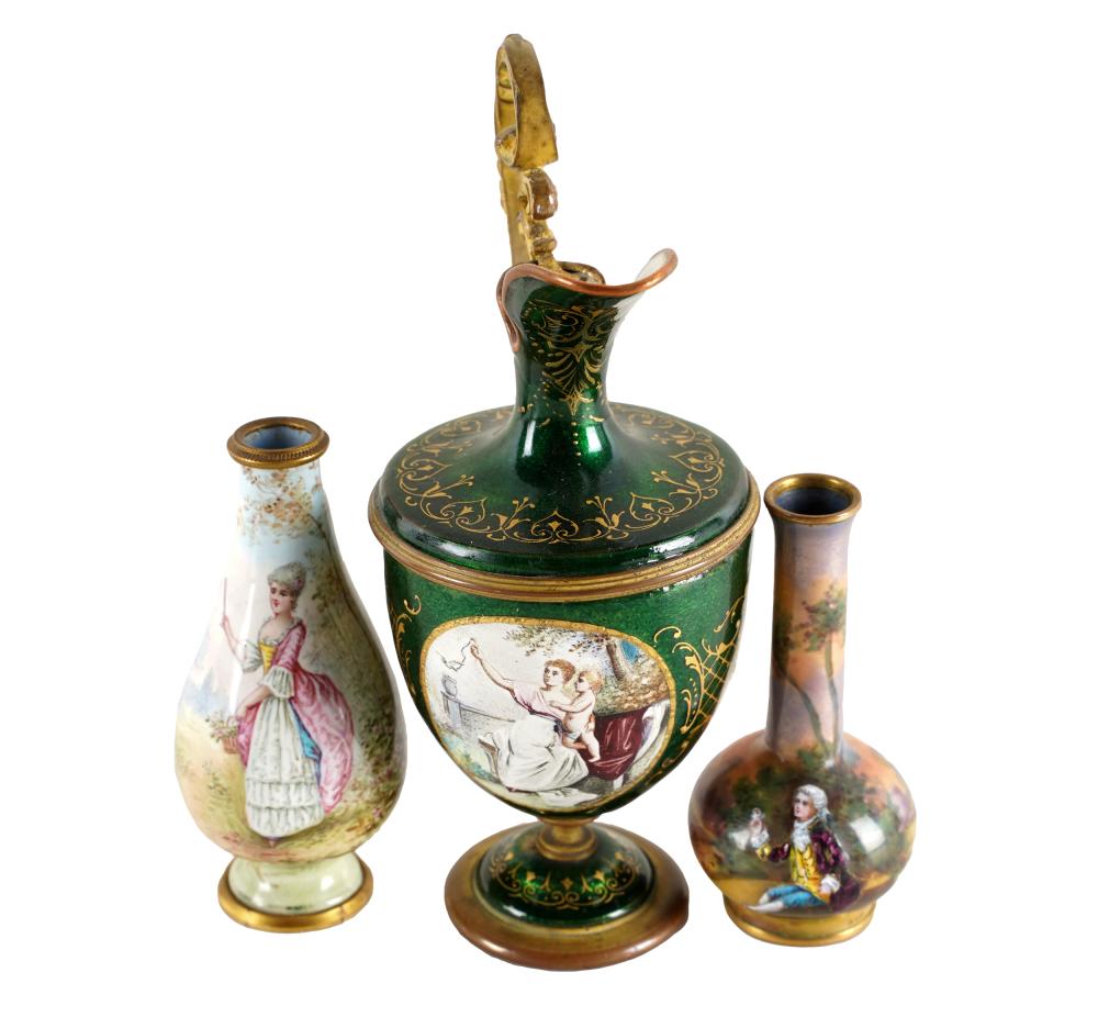 Appraisal: THREE MINIATURE ENAMELED GILT METAL VASESunmarked Provenance The Estate of