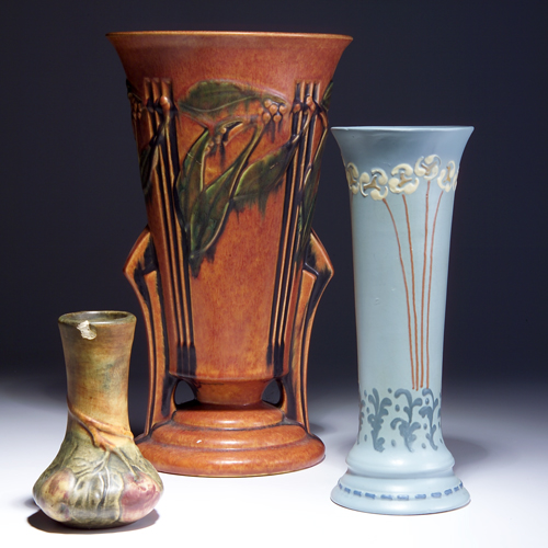 Appraisal: Three Zanesville pieces to include a ROSEVILLE orange Laurel vase