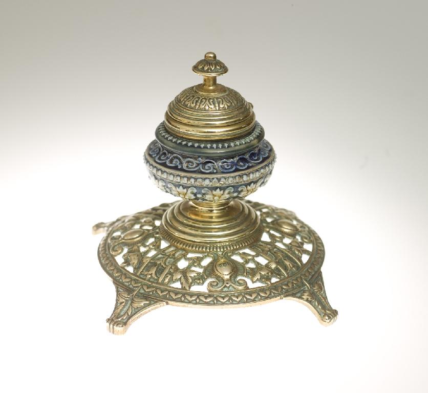 Appraisal: DOULTON LAMBETH BRASS-MOUNTED INKWELL LATE th CENTURY the pot moulded