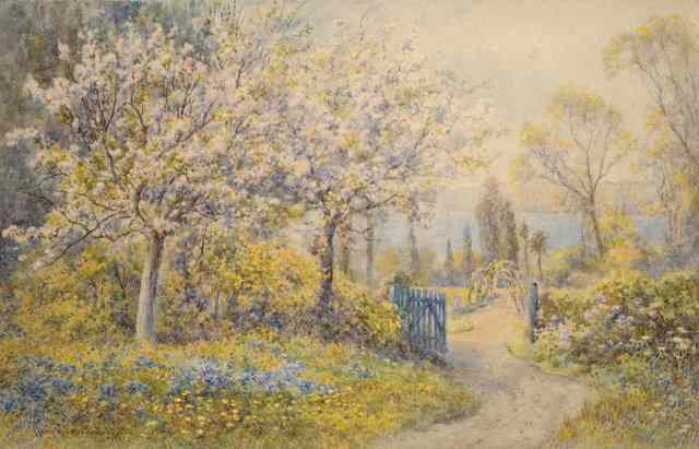 Appraisal: CLAUDE HAMILTON ROWBOTHAN - A cottage garden with lake beyond