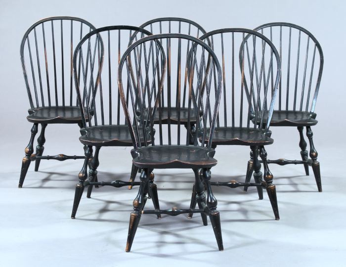 Appraisal: Suite of Six Bench-Made Polychromed Bow-Back Windsor Dining Chairs each