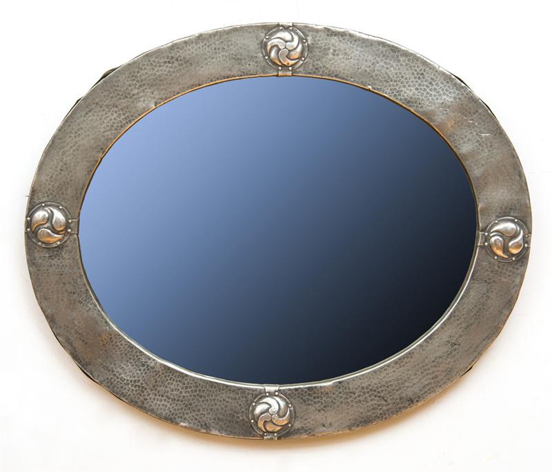 Appraisal: ENGLISH ARTS AND CRAFTS HAND-HAMMERED PEWTER MIRROR Circa x in