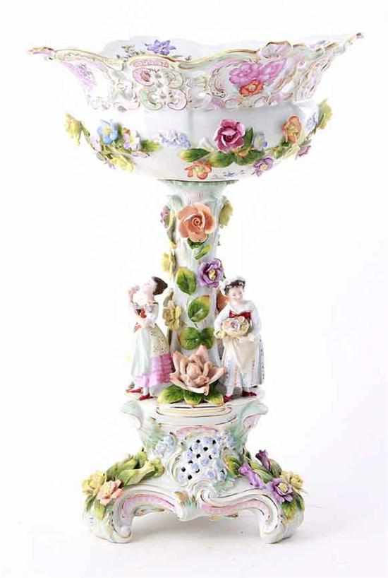 Appraisal: Continental porcelain centerpiece figural and floral stem on trefoil footed