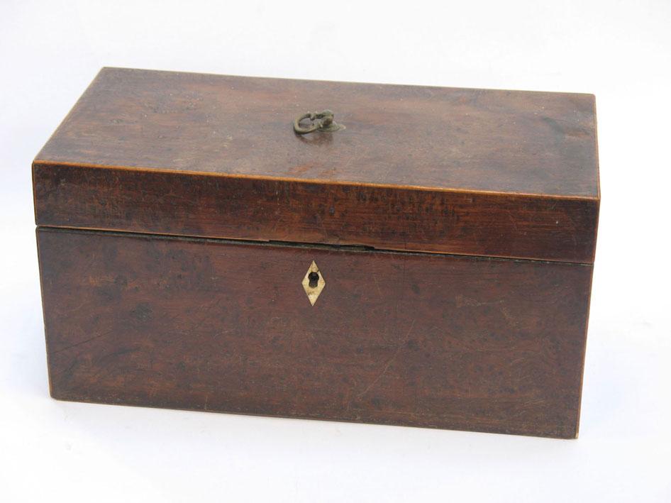 Appraisal: A GEORGE III BURR YEW TEA CADDY the rectangular case