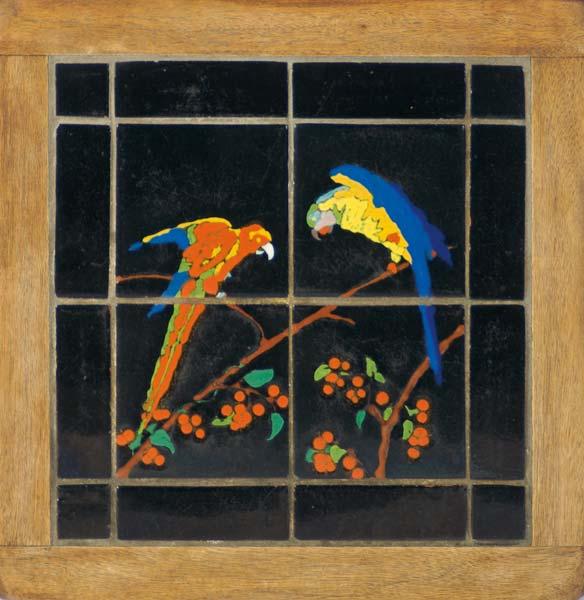 Appraisal: TAYLOR Attr Tile-top table with two parakeets on a fruiting