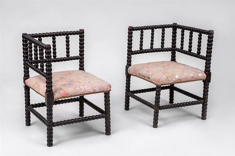 Appraisal: Pair of Jacobean Style Ebonized and Bobbin-Turned Corner Chairs x