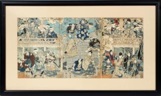 Appraisal: TOYOKUNI JAPANESE ANTIQUE WOODBLOCK TRIPTYCH TOYOKUNI JAPANESE ANTIQUE WOODBLOCK TRIPTYCH