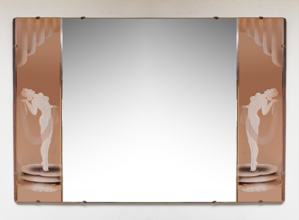 Appraisal: DECO NUDE WALL MIRROR Rose glass side mirrors with etched