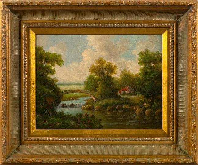 Appraisal: Continental School st Century Wooded River Landscape with Footbridge and