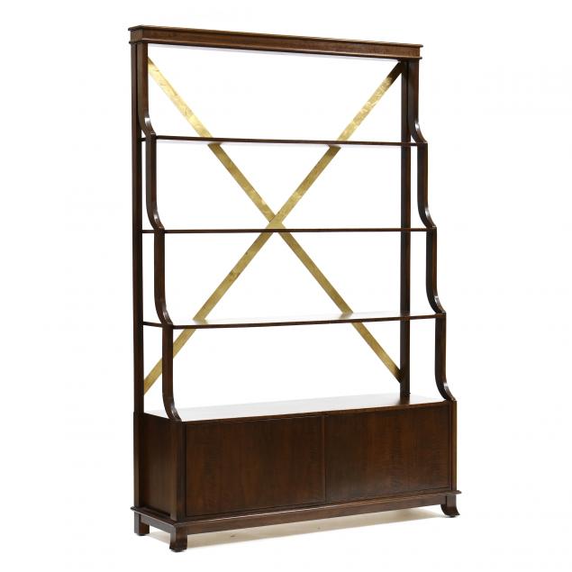 Appraisal: CONTEMPORARY TALL WALNUT AND GILT METAL BOOKCASE Two part form