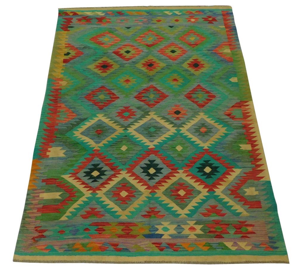 Appraisal: RUG TURKISH KILIM ' X ' HANDWOVEN WHEAT RED TURQUOISE