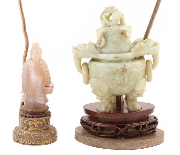 Appraisal: Two Chinese hardstone carvings mounted on lamp bases one with