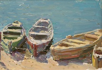 Appraisal: Nikolai Ovchinnikov Russian - Boats Oil on board Signed on