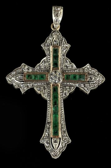 Appraisal: Unusual Fourteen-Karat Two-Color Gold Emerald and Diamond Cross Pendant of