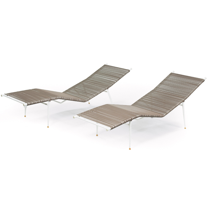 Appraisal: Mallin patio chaises pair white enameled metal frames plastic-wrapped wire