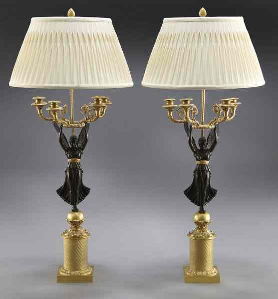 Appraisal: Pr Empire style gilt and patinated bronzecandelabra converted to lamps