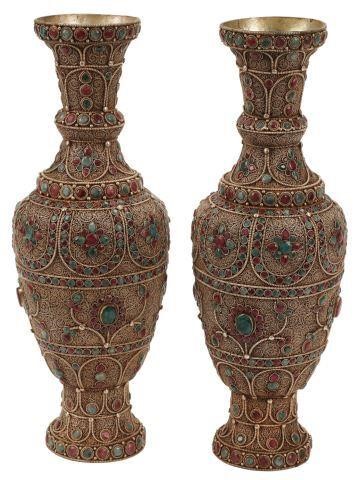 Appraisal: pair Silvered metal filigree work vases with emerald and ruby