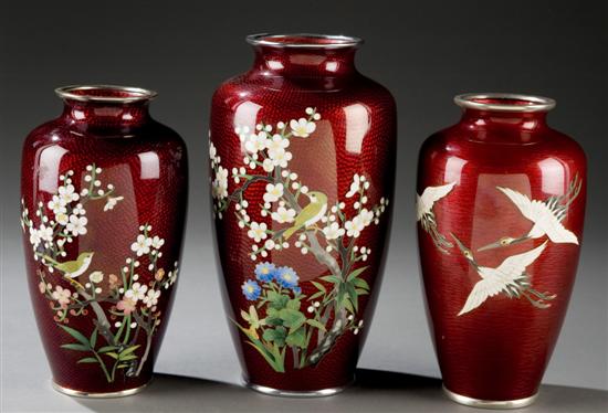 Appraisal: Group of Japanese Pigeon Blood cloisonne vases Three flying cranes