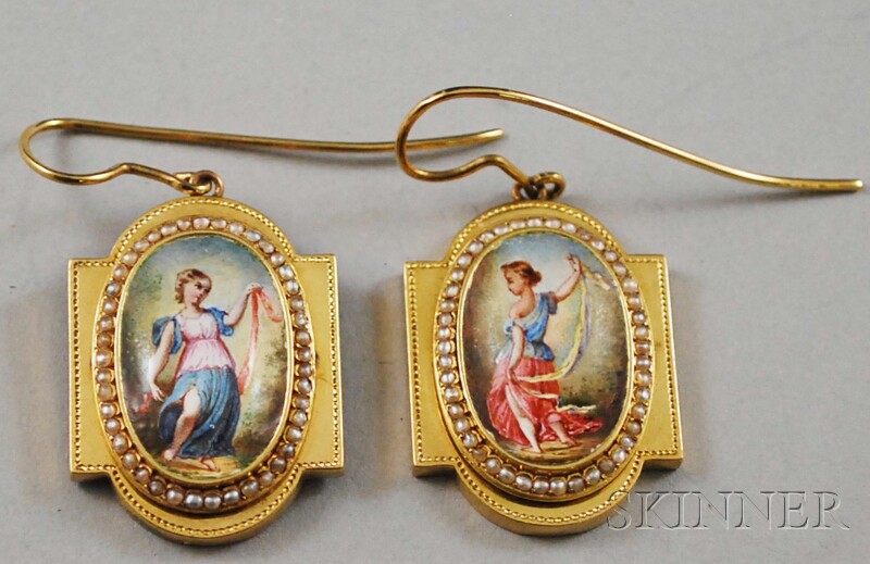 Appraisal: Pair of High-karat Gold Seed Pearl and Enamel Earrings each