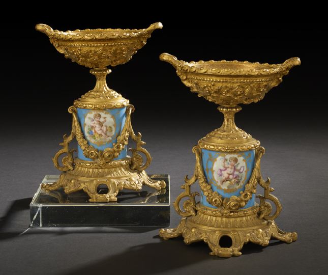 Appraisal: Pair of French Gilt-Brass-Mounted Porcelain Garniture Coupes third quarter th