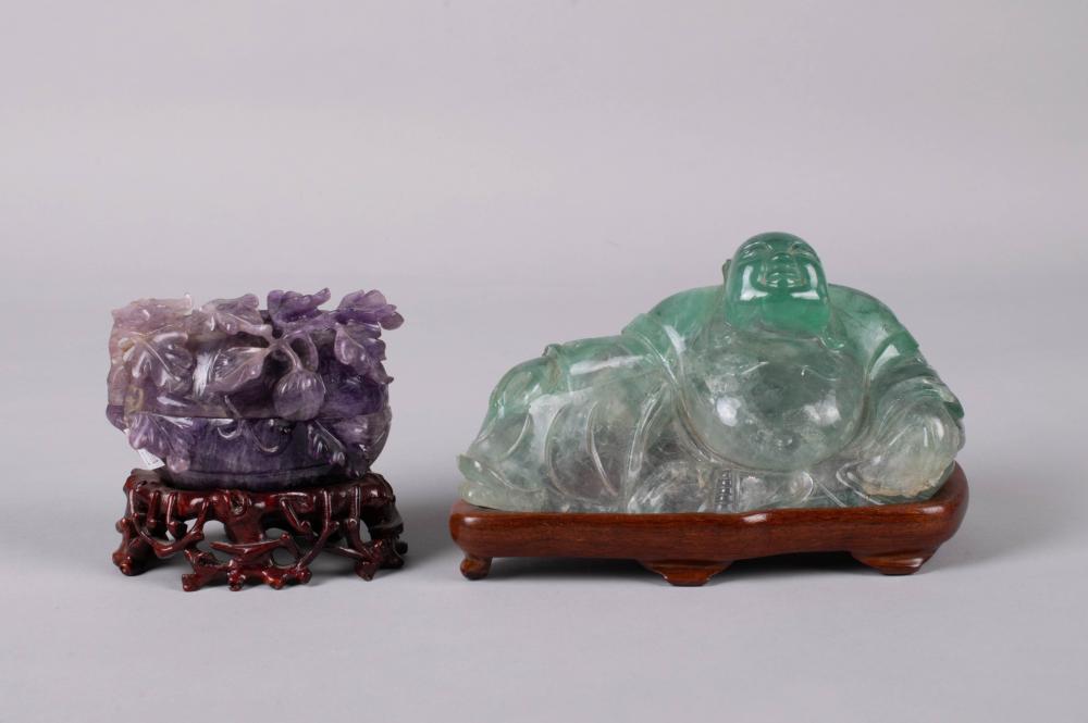 Appraisal: GREEN QUARTZ FIGURE OF HOTEI AND A PURPLE QUARTZ GOURD-FORM