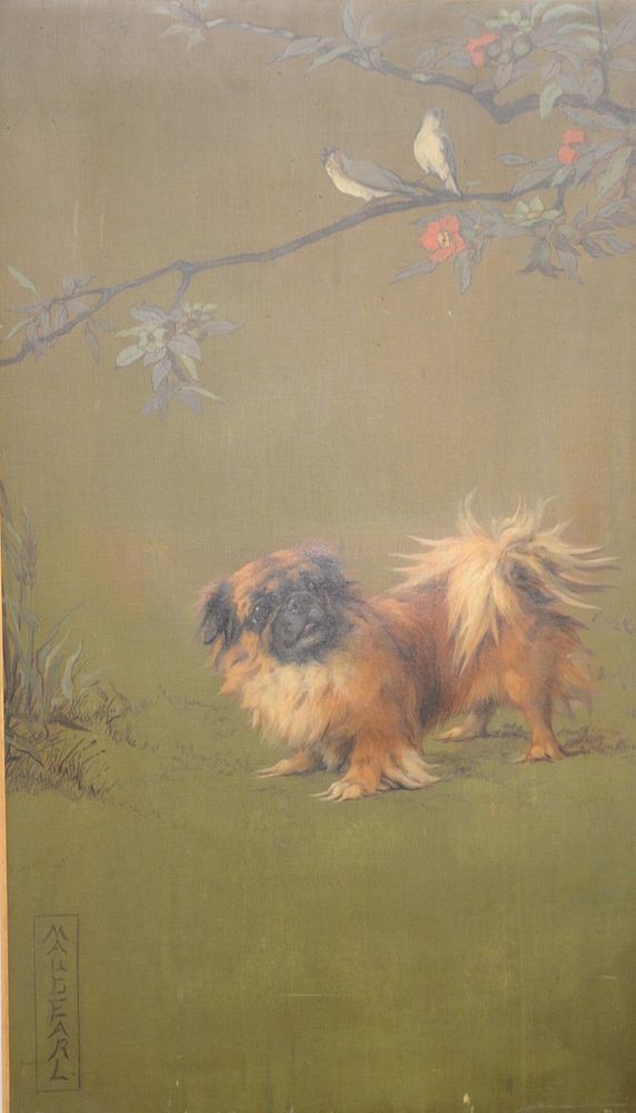 Appraisal: Maud Earl - Pekingese with Japanese Style Decor oil on