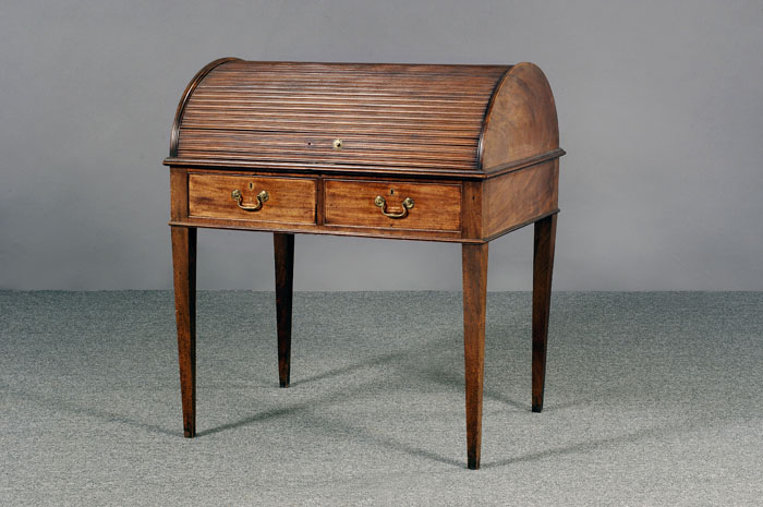 Appraisal: UNUSUAL REGENCY MAHOGANY LADY'S TAMBOUR CYLINDER ROLLTOP WRITING TABLE The