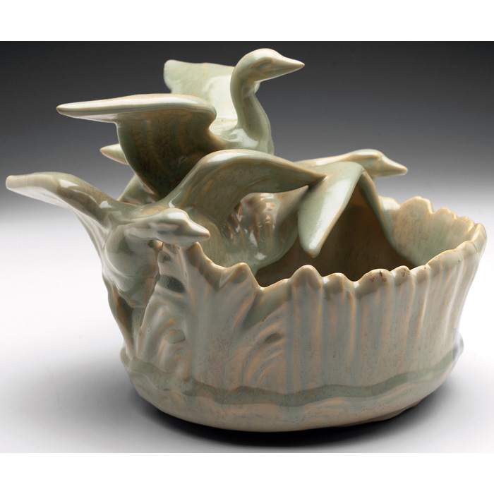 Appraisal: Weller Muskota bowl sculpted birds with spread wings covered in