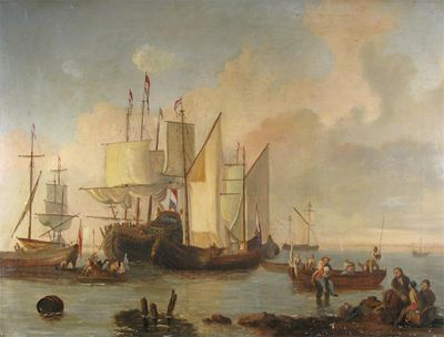 Appraisal: English School th Century Ships at harbour with numerous figures