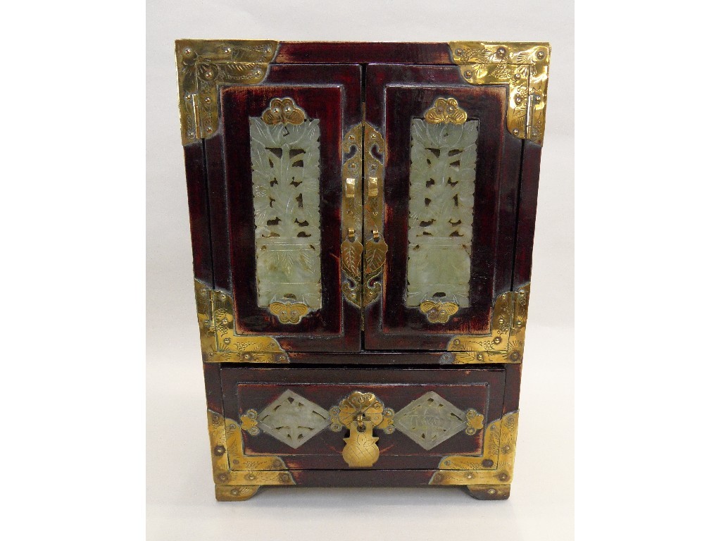 Appraisal: Chinese table cabinet with brass mounts and inlaid carved jade