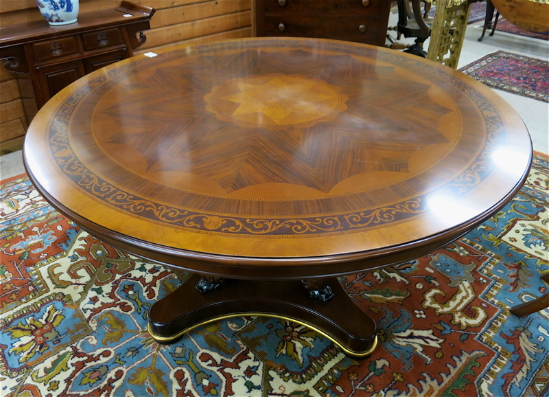 Appraisal: ROUND INLAID MAHOGANY PEDESTAL DINING TABLE Hurtado label Valencia Spain