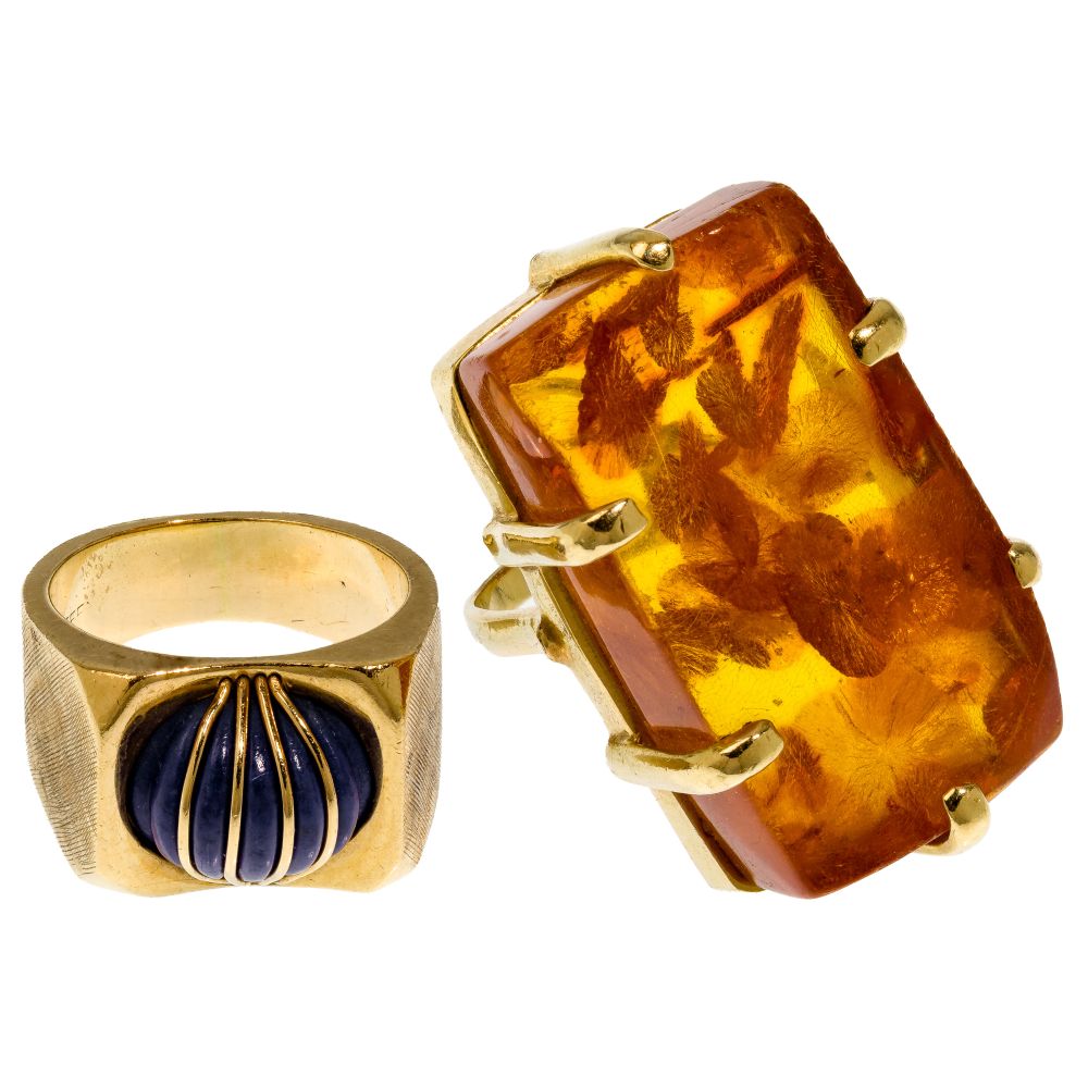 Appraisal: K YELLOW GOLD RINGS items including a rectangular amber statement