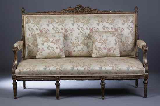 Appraisal: LOUIS XVI STYLE GILT-WOOD SETTEE th century Padded back above