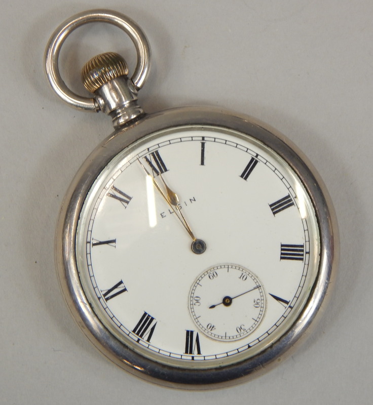 Appraisal: A mid thC white metal Elgin pocket watch having enamel