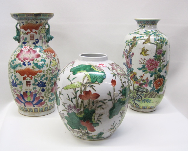 Appraisal: THREE CHINESE PORCELAIN VASES each with enamel decoration on white