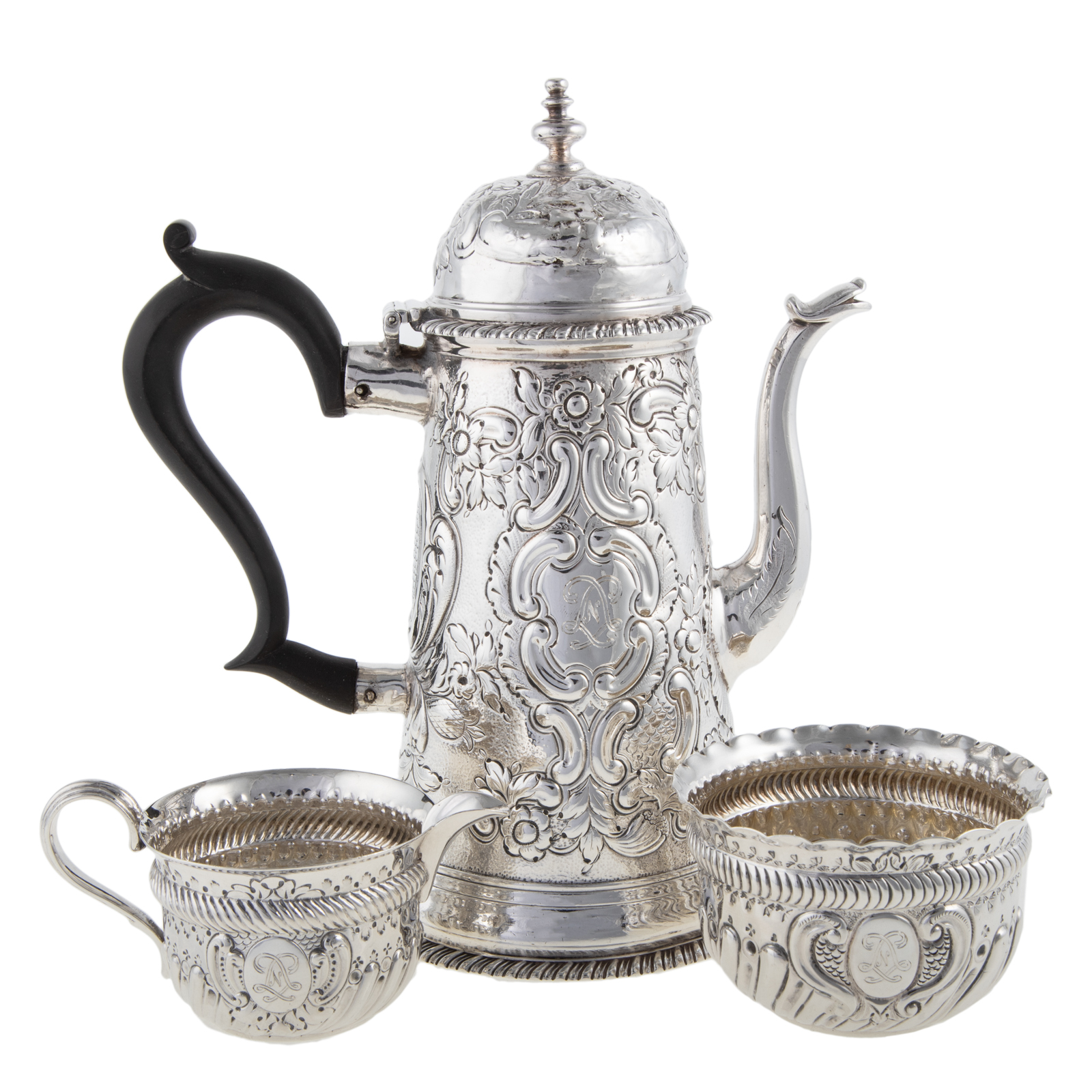 Appraisal: THREE-PIECE ASSEMBLED ENGLISH COFFEE SERVICE Including a Queen Anne style