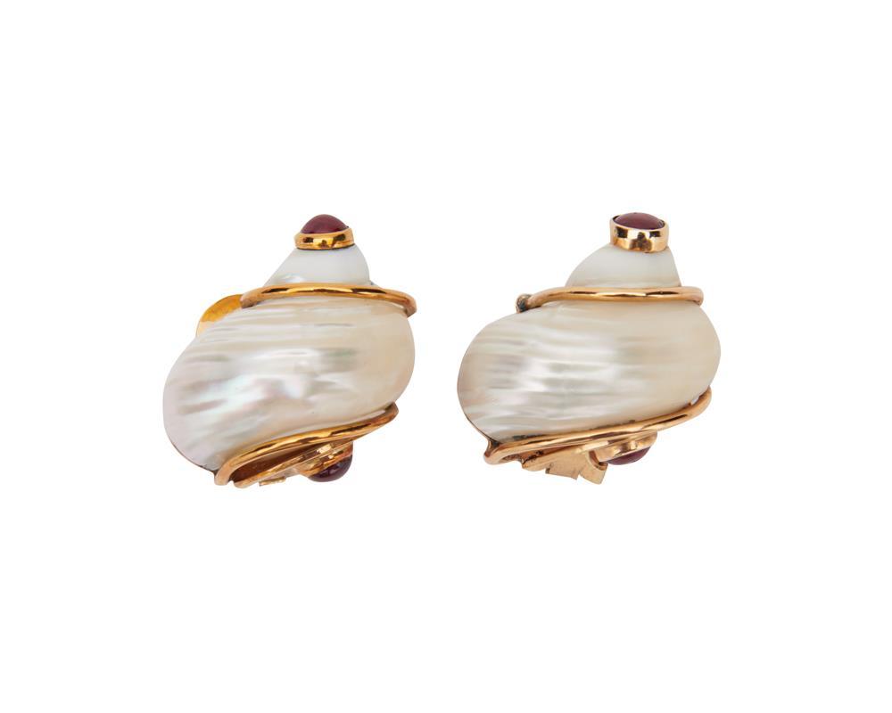 Appraisal: SEAMAN SCHEPPS K Gold Shell and Ruby Earclips the shell