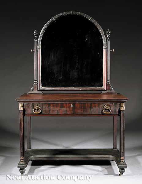 Appraisal: An Antique Regency-Style Mahogany Dressing Table arched leaf carved mirror