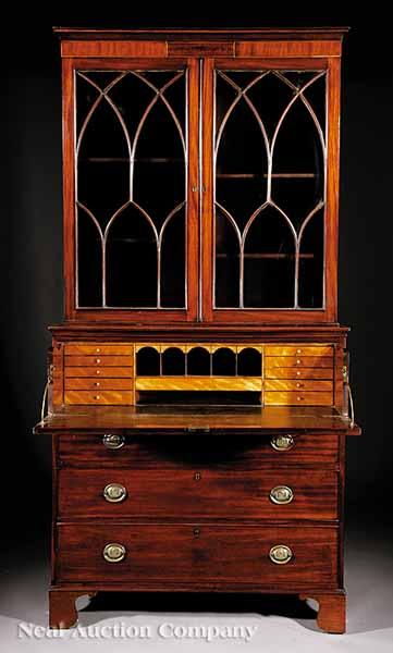 Appraisal: An Antique Georgian-Style Inlaid Mahogany Secretary Bookcase cove molded cornice