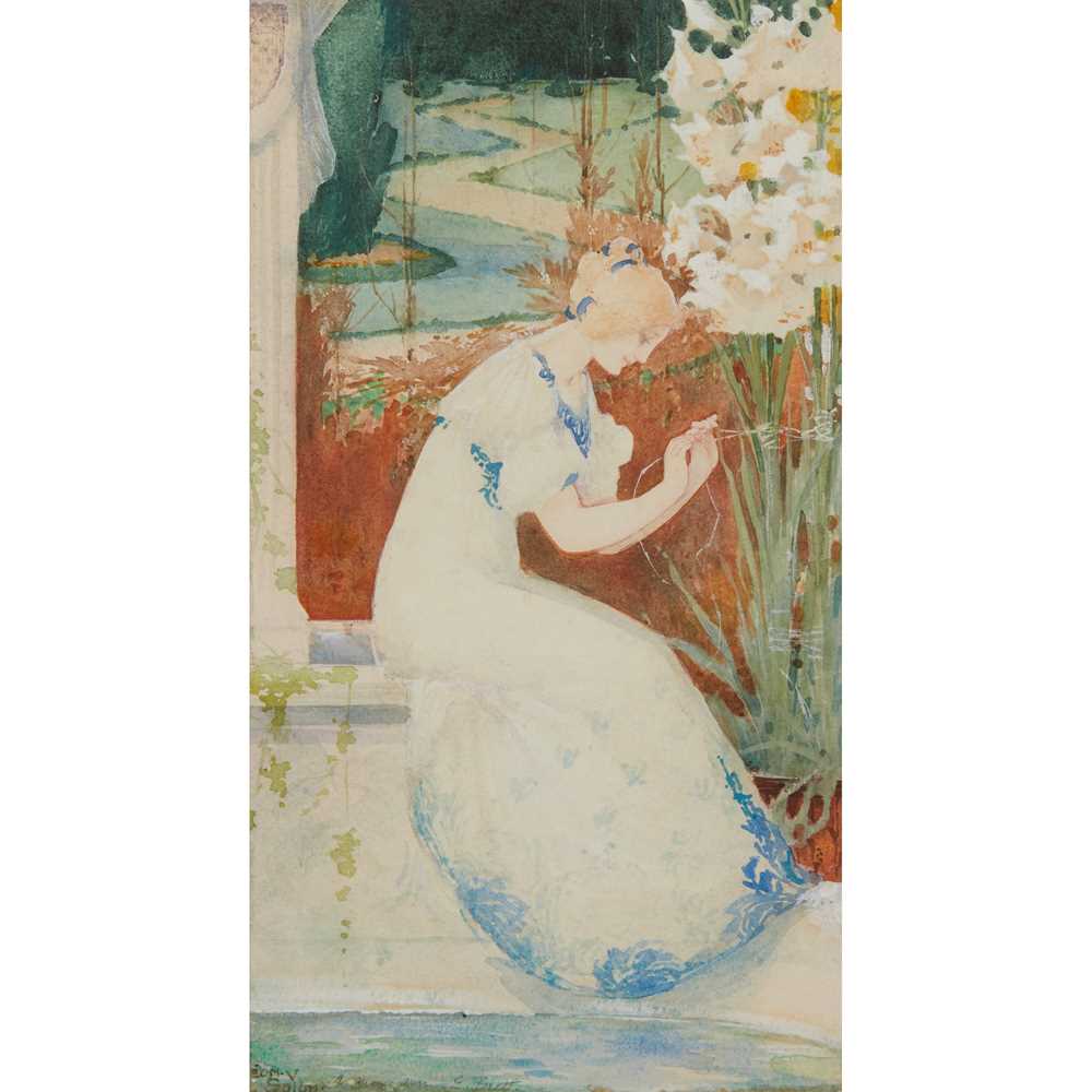 Appraisal: L ON-VICTOR SOLON - SEATED LADY TENDING FLOWERS watercolour on