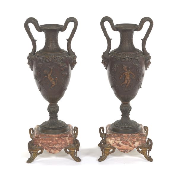 Appraisal: PAIR OF FRENCH PATINATED AND ORMOLU MIXED METALS VASES ON